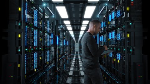 System Administrator Man With A tablet Standing In A Futuristic High Tech Server Room. Camera move forward. IT Technician 3d render concept. Crypto Currency Mining. Bitcoin farm. Prores 10 Bit mov.