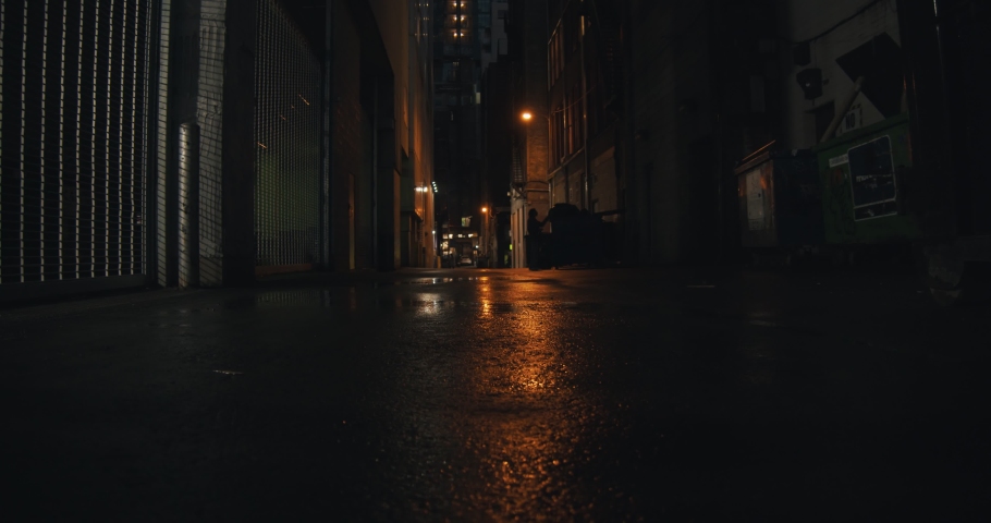 Establishing shot of a dark alleyway at night. Atmospheric 4K footage. Shot on a cinema camera in RAW. No discernible faces or logos. Royalty-Free Stock Footage #1029688310