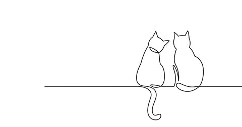 Self drawing animation of two happy cats silhouettes. Continuous one line drawing of sitting kittens cute illustration. Doodle animals