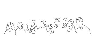 Self drawing animation of group of people. Family, friends hand drawn characters. One line drawing crowd standing at concert, meeting. Women and men waiting in queue.