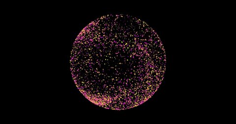 An abstract animation of yellow and purple particles swirling in a snow globe.