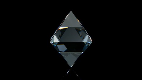 Ideal octahedron diamond rotating on black glossy background. 3D seamless loop animation