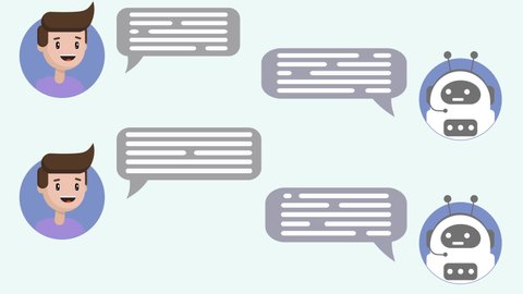 Customer support chatbot helps a user. Text speech bubble animation.