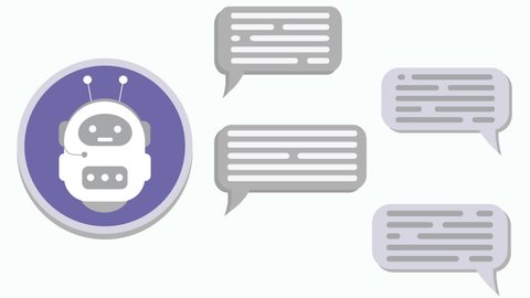 Customer support chatbot helps a user. Text speech bubble animation.