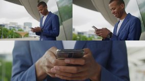 Collage of side and front views of smiling Afro-american man in navy blue suite and white T-shirt standing outside, typing on phone. Work, communication concept