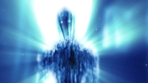 Creepy alien humanoid silhouette in rays of light standing in doorway. 2D animation in sci-fi horror genre. Blue background color. Vj loop video.  Spooky animated short film. Gloomy ghost in haze.