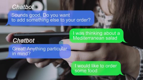 Texting on a smartphone getting helped by a chatbot. Messaging bubbles animation overlay