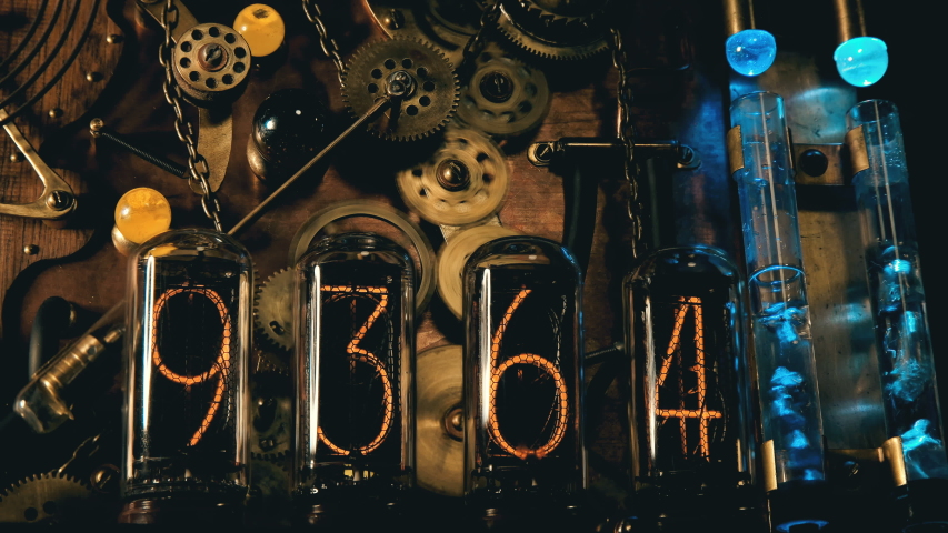 Steampunk, the device is a time machine with randomly running numbers and stop at the end of 2019, backlit, many different gears that rotate, the pendulum beats off seconds and in flasks with liquid