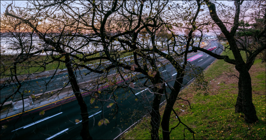 A time lapse video of freeway traffic in Bay Ridge, Brooklyn, NY at sunset.