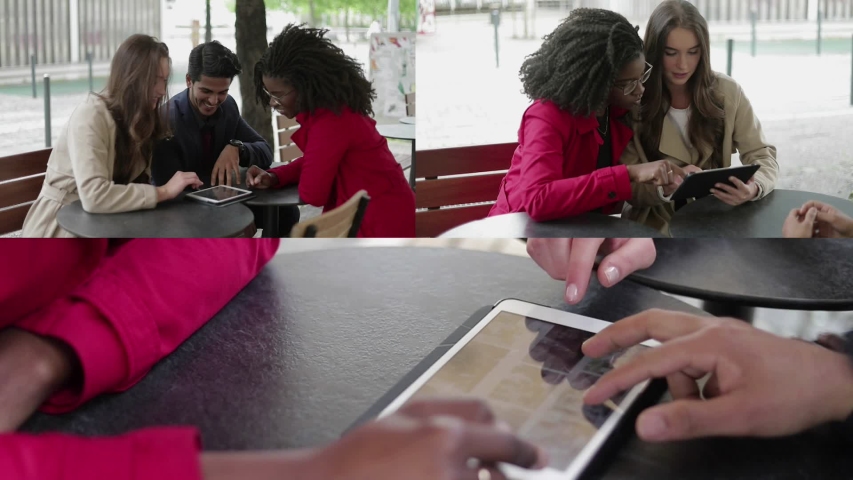 Collage of medium and close up shots of pretty Afro-american woman showing photos on tablet to good looking young couple, they swiping pictures, choosing. Wedding preparation. Communication concept