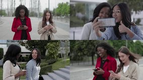 Collage of different women being outside, discussing project, texting on phone, making selfie, smiling. Work, communication concept