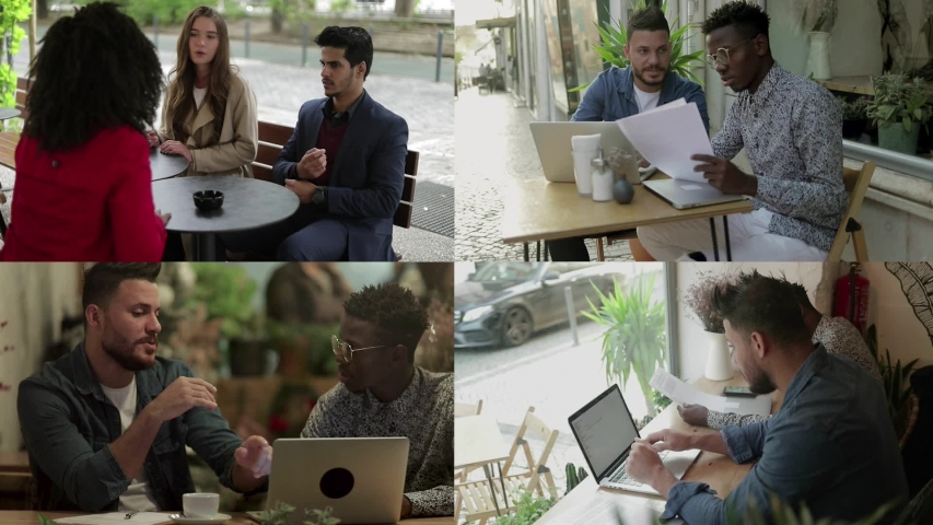 Collage of young people of different races sitting in summer cafe, talking, discussing, working on laptops, checking paper data. Communication, work concept