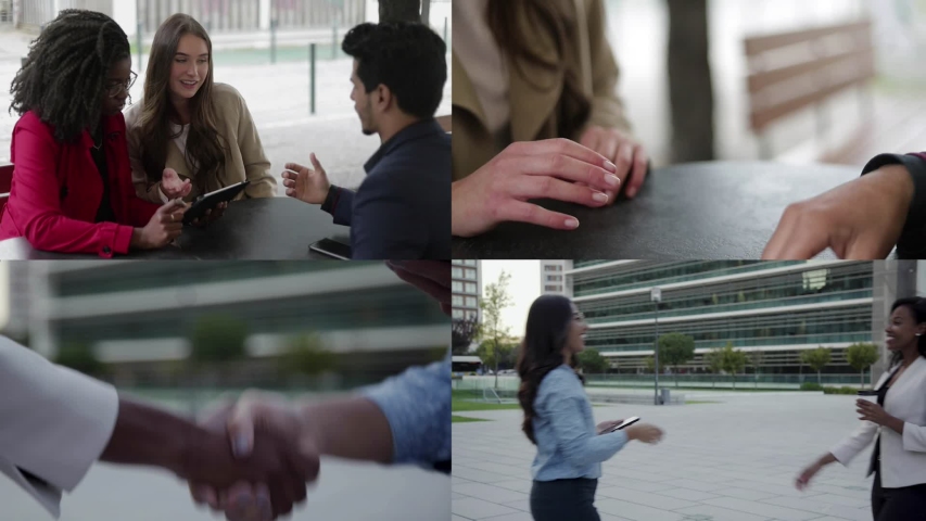 Collage of medium and close up shots of womens and mens shaking hands, making deal, greeting. Communication concept