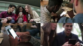 Collage of different shots of young people sitting outside and in cafe, googling on phone place to go, discussing, gesticulating. Leisure, lifestyle concept