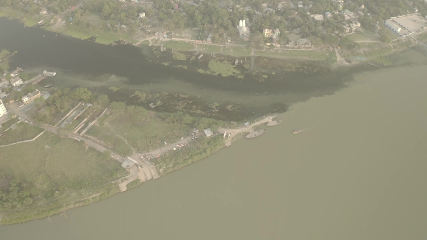 Ganga river meeting Kaveri, Mayapur, India, 4k aerial ungraded
