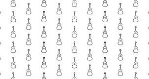 Illustrated acoustic guitar background video clip motion backdrop video in a seamless repeating loop. Black & white music themed guitar outline icon pattern white background high definition video