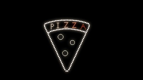 Pizza Text sign Loop animation bulbs LED pixels, light flashing, blinking lights advertising banner. Digital Display. More TEXTS are available in my portfolio. 
One Slice of Pizza Light Logo Frame.