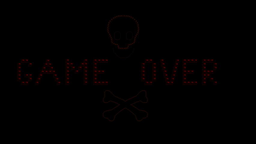 Game Over Text sign Loop animation bulbs LED pixels, light flashing, blinking lights advertising banner. Light Text. Digital Display. More TEXTS are available in my portfolio. 
With Skull sign form. Royalty-Free Stock Footage #1029763667