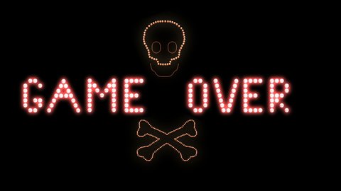Game Over Text sign Loop animation bulbs LED pixels, light flashing, blinking lights advertising banner. Light Text. Digital Display. More TEXTS are available in my portfolio. 
With Skull sign form.