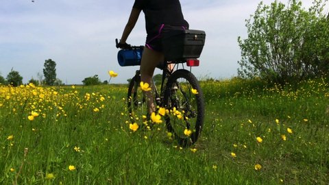 Girl Tourist On A Bicycle Traveling Along A Farm Field స్టాక్ వీడియో