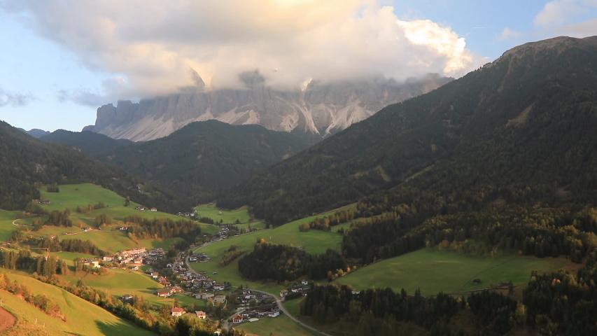 Santa Maddalena village in front of the Geisler or Odle Dolomites Group, Val di Funes, Italy, Europe.