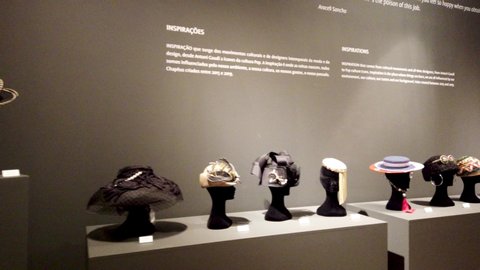 SAO JOAO DA MADEIRA, PORTUGAL - MAY 18, 2019: Spanish designer Araceli Sancho's  Visual Narratives head wear exhibition at the Chapelaria Museum celebrates the International Museum Day.