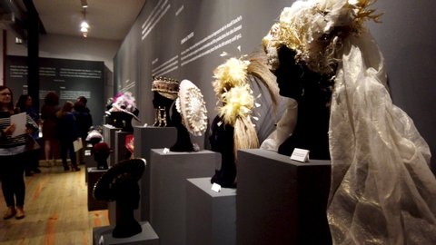 SAO JOAO DA MADEIRA, PORTUGAL - MAY 18, 2019: Spanish designer Araceli Sancho's  Visual Narratives head wear exhibition at the Chapelaria Museum celebrates the International Museum Day.