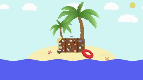 Tropical island with palm trees and travel bag.Holidays animation background. Summer vacation concept. Arkivvideo