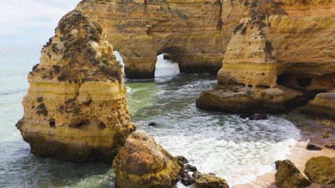 Aerial View Of Ocean And Sea Arch, Lagos, Algarve, Portugal 스톡 비디오