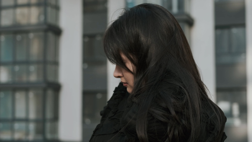 Ideal Hair Style. Model Posing At City Background. Glamour Face. Hair Blowing. Turn Around. Close-up.
