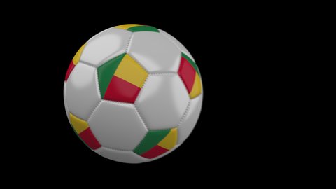 Soccer ball with flag Benin flies past camera, slow motion blur, 4k footage with alpha channel