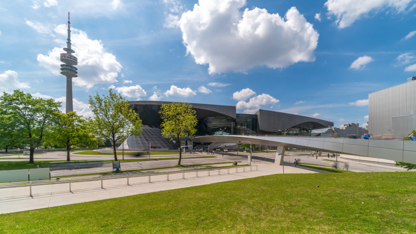 Hyperlapse video of BMW World (BMW Welt) near the Olympicpark in Munich, Germany. View of TV tower Timelapse footage in 4K, munich street.