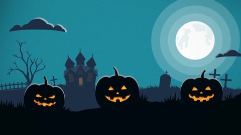 Happy Halloween background animation with pumpkins, bats and scary castle on night graveyard.