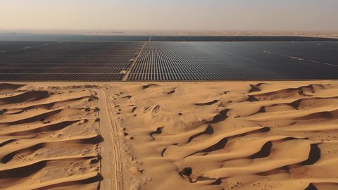 AERIAL. Top view of huge solar energy plant in the desert.
