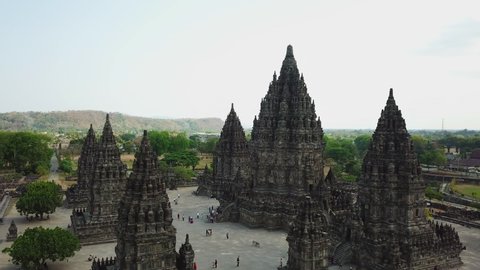 Asia Content [Indonesia] : Aerial birds eye drone view of Ancient Relic of 9th Century Prambanan Hindu Temple in Central Java - Indonesia