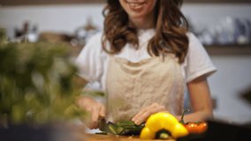 Close up view of young woman hands cutting fresh vegetables on a wooden board for salad at the kitchen