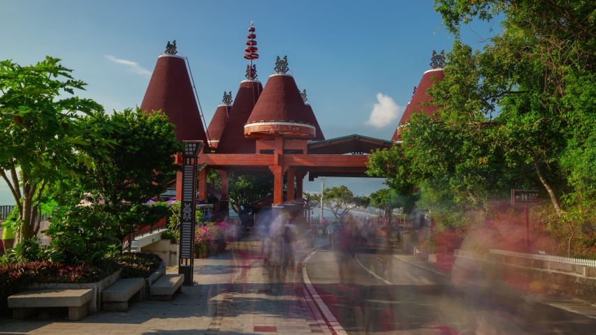 sunny evening sanya  park top entrance crowded panorama 4k timelapse hainan island china