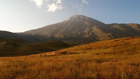 A panning shot of Damavand's snowy peak during summer and extended field A following long shot of foothill of Damavand's peak summer sunlight and plants shaking by wind yellow and blue colored