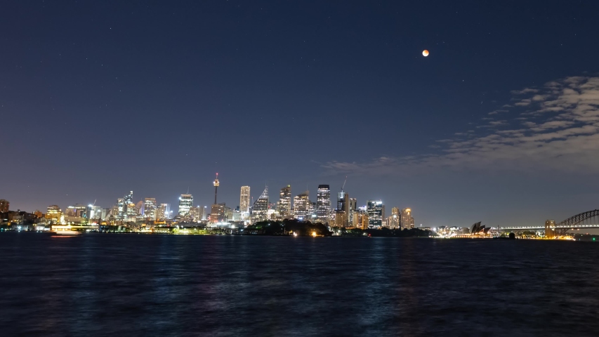 A Timelapse of the Lunar Eclipse setting over the Sydney CBD - Full Moon -July 28 2018