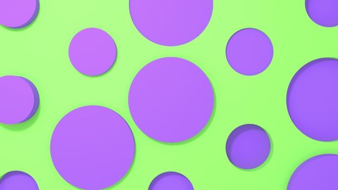 Purple circle 3d shapes geometric animation on green pastel background. 4k loop render footage.