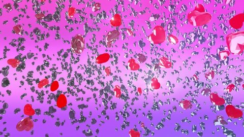A beautiful animation of diamonds and crystals, both transparent and red, heart-shaped,ing forward in space. Pink gradient background. Concept: love, valentine, romance, gift.