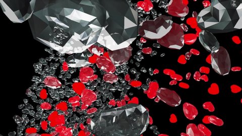 An engaging animation of diamonds and crystals, both transparent and red, heart-shaped,ing backwards in space. Concept: precious love, valentine, romance, expensive gifts.