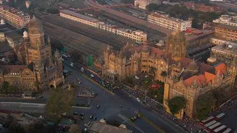 India, Mumbai, Chhatrapati Shivaji Maharaj Terminus train station, 4k aerial drone footage