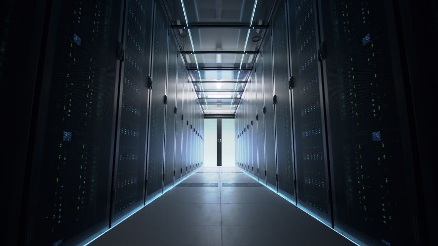 Camera slowly moving along the narrow corridor in data center with server equipment on both sides, the lights gradually turning off until total darkness. Photorealistic 3D render animation. Royalty-Free Stock Footage #1029880736