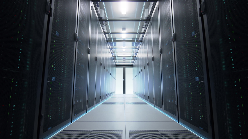 Camera moving along the corridor in data center with server equipment, the lights turning off until total darkness, then red light suddenly lights up in danger. Photorealistic 3D render animation. | Shutterstock HD Video #1029880739