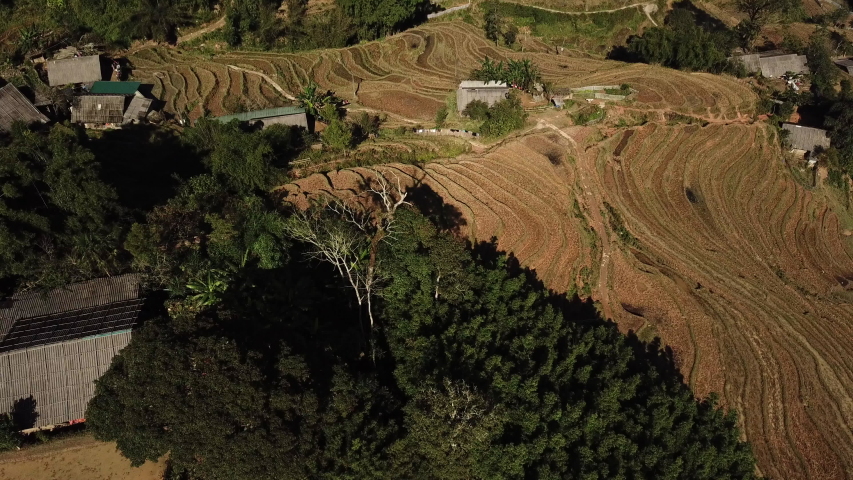 Documentary sytle aerial ahot on countryside, valley in Asia where all terrain is cultivated and a high percentage of the vegetation is indigenous terraced rice and poverty is still a reality.