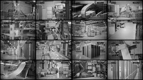 Multiscreen shows video from CCTV. Cameras installed in the factory.