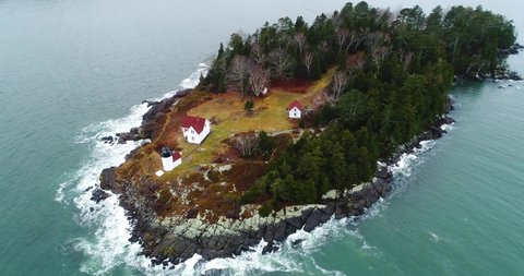 Aerial view Curtis island lighthouse Camden Maine USA with 180” turn