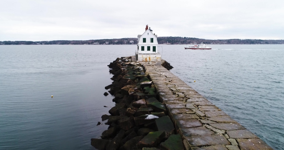 Elevated view of the Rockland Breakwater Lighthouse in Maine