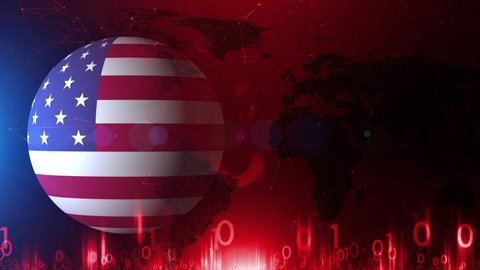     Usa 3d flag globe on red cyberspace world map copy space animation background. 